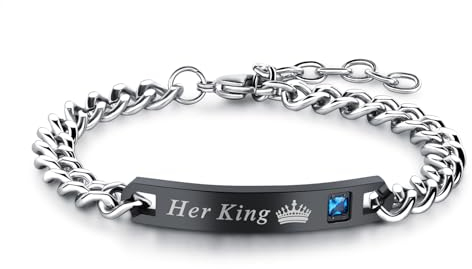 NMQLX Her King Zirkon Armband: „Her King“funkelndes strassbesetztes Paararmband aus Edelstahl Das schillernde Versprechen einer Welt für zwei