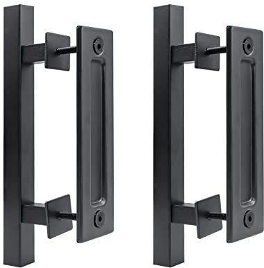 2 Pack Sliding Barn Door Handle, 12 Inch Pull and Flush Hardware Set Square Gate Handle, Heavy Duty Solid Carbon Steel Rustic Style for Barn Door Gates Garages Sheds, Matte Black