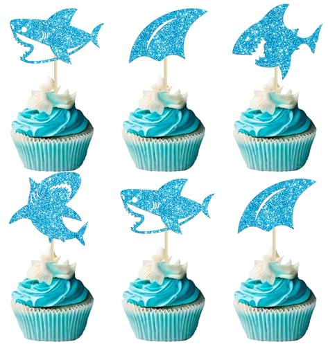 Gyufise 24Pcs Shark Cupcake Toppers Blue Glitter Shark Fin Cupcake Picks Ocean Animals Shark Theme Baby Shower Kids Birthday Party Cake Decorations Supplies