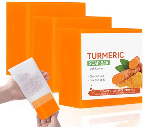GCVSE 3 Box Kurkuma Seife, 100% natürliche handgemachte Kurkuma-Seifenstücke für Gesicht und Körper, Porenverkleinerung, Tiefenreinigung, feuchtigkeitsspendend, Hautaufhellung bei dunklen Flecken