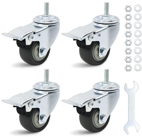 Forhandy 4 Stück Lenkrollen 50mm (2 Zoll), Doppelte Kugellager Rollen mit Gewinde M8x20mm Geräuschlose Rutschfeste Gummirollen 360° Drehbar Schwerlastrollen mit Bremse Gesamttragfähi Bis 200kg