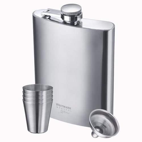 Westmark Taschen-Flachmann inkl. Mini-Trichter + 4 Bechern – Praktisches Set für unterwegs, ob Wandern oder Camping – Edelstahl 18/8, Flachmann 236 ml, Schnapsbecher 30 ml 615633E6