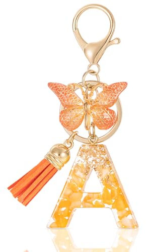 MWOOT Initiale Letter Keychains Porte Clé Lettre A,Alphabet Initial Keyring avec Papillon Pendentif,Orange Feuille D'or Key Ring pour Femmes Filles Portefeuilles Sac à Main Bagages Charme(A)