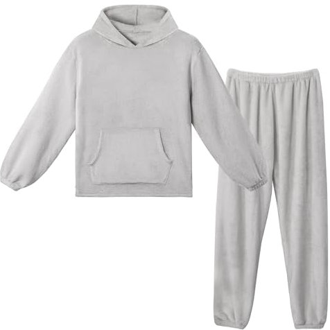 LACOFIA Pigiami in Pile Due Pezzi da Donna Pigiama Set Invernale con Cappuccio Abbigliamento Caldo da Notte a Maniche Lunghe Adulto Pigiama di Coppia Grigio Chiaro 2XL