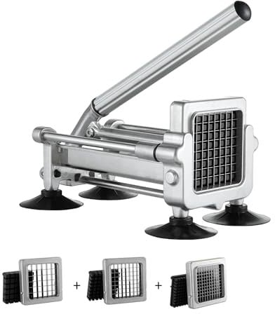 VEVOR Pommes-Frites-Schneider, Kartoffelschneider mit 1/2 & 3/8 & 1/4 Zoll Edelstahlklingen, Kartoffelzerkleinerer mit Saugnäpfen & silberfarbenem Griff, ideal für Kartoffeln Gemüse Gurken Karotten