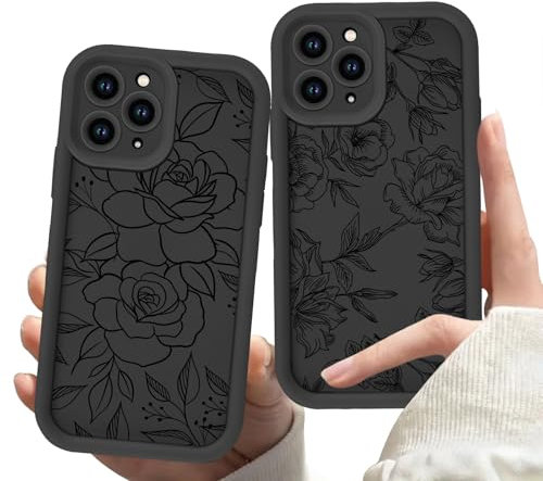 YKMBFEQC 2 Pezzi Cover per Apple iPhone 13 Pro Max 6,7, Custodia con Rosa Disegni Aesthetic Motivo Nero Silicone TPU Bumper Antiurto Case Protezione Fotocamera Cover per iPhone 13 Pro Max