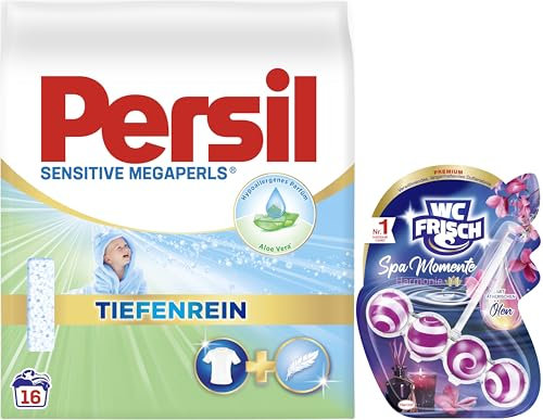 PERSIL Sensitive Megaperls (16 WL) - Waschmittel für Allergiker mit beruhigender Aloe Vera für sensible Haut - effektiv von 20 °C bis 95 °C & WC FRISCH Spa Momente Harmonie Toilettenstein