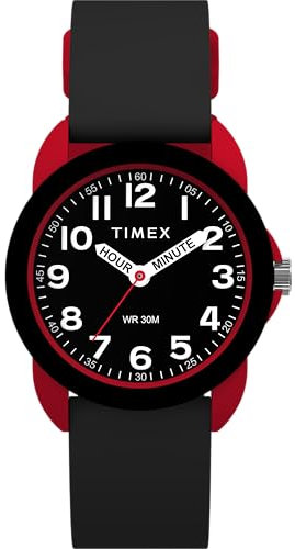 Timex Time Machines Kinderuhr, 30 mm, schwarzes Silikonarmband, schwarzes Zifferblatt, rotes Gehäuse TW2W91900