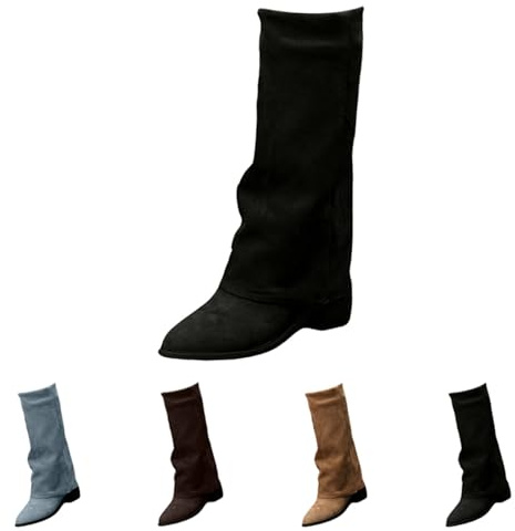 Womens Fold Over Boots Mid Calf Slouchy Suede Pointed Toe Slip on Chunky Block Heel Short Boots Booties Fall Winter Mid Calf Boot Shoes Footwear Gifts