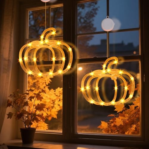 Herbstdeko Fenster Lichterkette, Herbst Deko Kürbis Fenster Lichterkette Batterie, Herbst Dekoration Ahornblatt Fensterdeko mit Saugnäpfe Für Herbst Dekoration, Balkon, Party, Innen Deko (2er Kürbis)