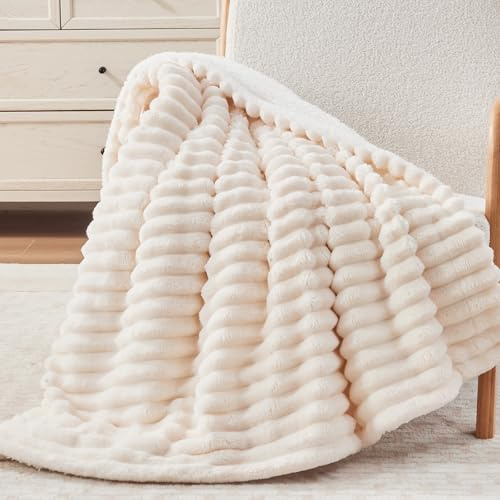Vielit Sherpa Decke, Dicke Kuscheldecke Flauschig 220x240 cm XXL, Extra Weich Cord Decke Beige Sofadecke überwurf, Große wohn- & kuscheldecken