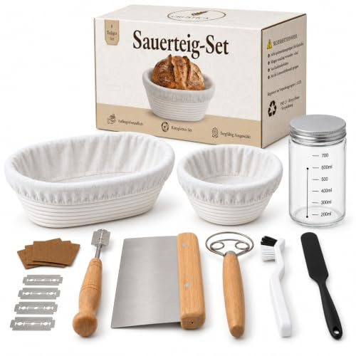 Crustica Sauerteig Starter Set mit 2 Gärkörbchen, rund und oval, 8-teilig | Brotbackset mit Rattan-Gärkörben für stabile Form, 700-ml-Glas mit Skala und Werkzeugen zum Gären, Formen und Einschneiden