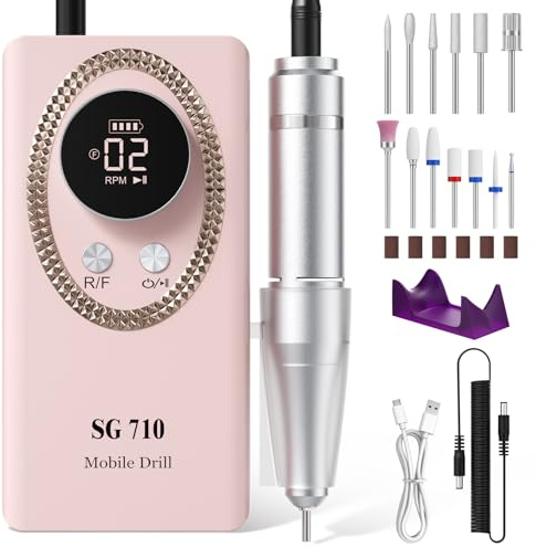 Electric Nail Drill,13 Bits Portable Professional Nail File with LCD Display, 45000RPM Rechargeable Ultra Power Nail Drill Kit for Acrylic Gel Nails Manicure Salon Home