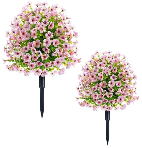 GarveeHome Lot de 2 Boules de buis artificielles avec Piquet de Terre, en Plastique, 60 x 40 cm, résistantes aux UV, pour décoration de Jardin, véranda, intérieur, décoration extérieure, Rose