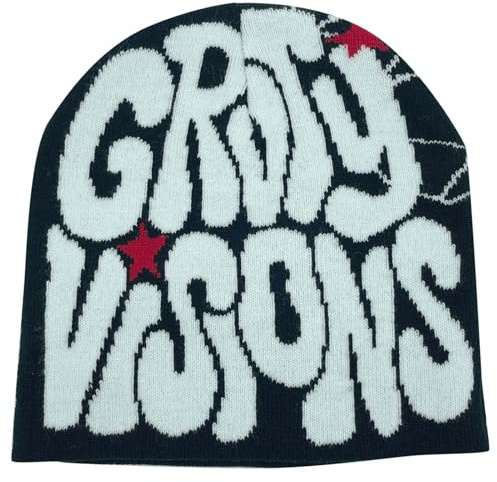 Y2k Beanie Mütze,Slouchy Beanies Mode,Wintermütze,Winter Warme Strickmützen mit Buchstabendruck,Knitted Hat,Haube,Schwarz mit Grau Schrift,Coole,für Hip Hop,Herbst,Streetwear,Alltagsgebrauch,Unisex