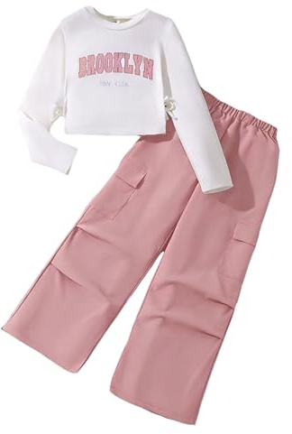 SoLu DAY8 Tracksuit Set Kids Girls Long Sleeve Pullover Sweatshirt and Cargo Pants Outfits Sets for Girls Fashion Spring Comfy School Casual Athletic Sport Streetwear 7-12 Years (Pink, 7-8 Years)