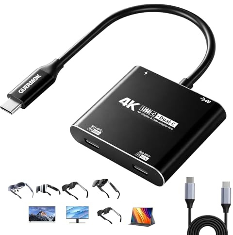 Guermok 4-in-1 Dual USB-C Display Hub, 4K@60Hz Video Output, AR Glasses Hub | PD 100W Input & USB 3.0 5Gbps, Compatible with AR Glasses, Switch 2, Laptops, Portable Monitors & Type-C Displays(Black)