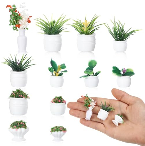 12Pcs Miniature Dollhouse Plants Flowers, 12 Unique Mini Artificial Potted Flowers, Assorted Mini Plants, Tiny Greenery Ornament for Micro Landscape & Bonsai Ornament, Dollhouse Accessories