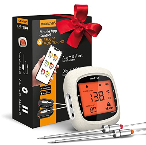 NutriChef Bluetooth Meat Thermometer for Grilling and Smoking - Wifi Grill Thermometer for Outside BBQ and Smoker Oven - 6 Temperature Probes and Smart APP and 400 Ft Range