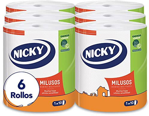 Nicky Papel de Cocina | 6 Rollos | 1800 Hojas | 2 Capas, 300 Hojas por Rollo | Super Absorbente y Resistente | Certificado FSC®