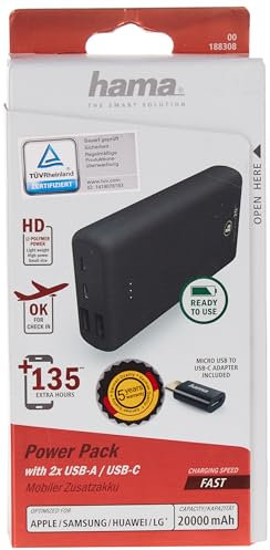 Hama Supreme 20HD Power Pack (Built-in Lithium Polymer Charger, 20,000 mAh, for Smartphone, 1 Micro-USB Port, 1 USB-C Port, 2 USB-A Ports, USB 3.0) Anthracite