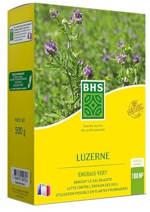 BHS LUZ500, 500g, 100 m², Luzerne, Améliore la structure du sol, Résiste au froid et à la sécheresse, Très riche en protéines, minéraux, oligo-éléments et vitamines Homogène