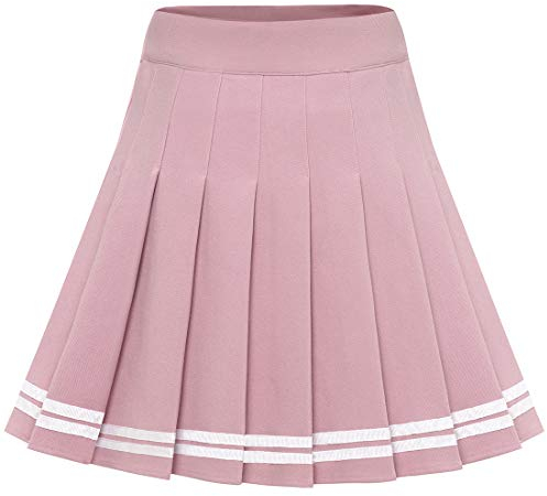 Dressystar Damen Dehnbar Faltenrock Schulmädchen Solide Skater Tennis Basic Mini Rock Rosa Weiß Streifen XL