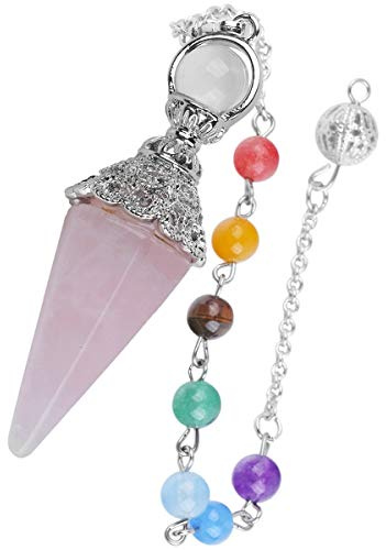 KYEYGWO Sechseckige Kristall Pendel mit 7 Chakren Stein Kette, Rosenquarz | Reiki Heilung Edelstein Anhänger für Wahrsagen Fremdenergie Hexerei Zeremonie Meditation Scrying Hypnose Esoterik Amulette