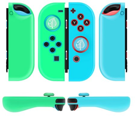 TNP Gel Guards with Thumb Grips Caps for Nintendo Switch Joy-Con Grip - Protective Case Covers Anti-Slip Lightweight Animal Crossing Design Comfort Controller Skin Accessories (1 Pair Blue Green Leaf)