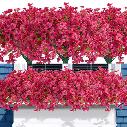 Uieke Künstliche Blumen, 16 Bündel Kunststoff Blumen Friedhofsblumen für den Außenbereich, UV-beständig, kein Verblassen, Blumenarrangements für drinnen und draußen, Fenster, Kasten-Dekor – Rosarot