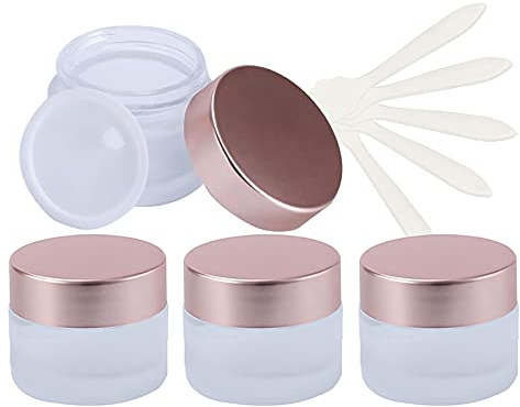 ZEOABSY 4 Pack 50ml Empty Face Cream Storage Containers Pots with Rose Lid, Frosted Glass Cosmetic Jars for Creams, Lotion, Sample, Make-Up Storage, Lotion Ointment, Lip Balm.