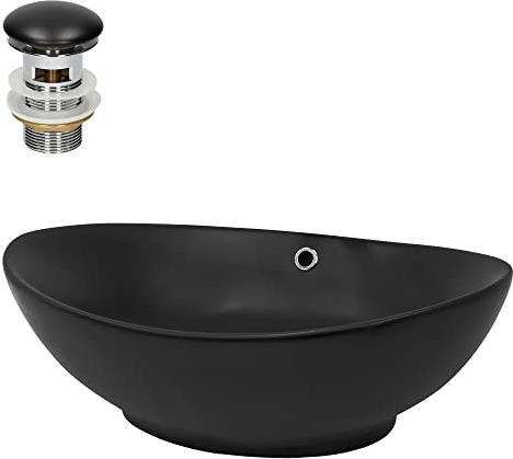 ML-Design Waschbecken Keramik Schwarz Matt 59x38x19 cm inkl. Ablaufgarnitur mit Überlauf, Ovale Aufsatzwaschbecken, Moderne Waschtisch, Waschschale Waschplatz Handwaschbecken für Badezimmer/Gäste-WC