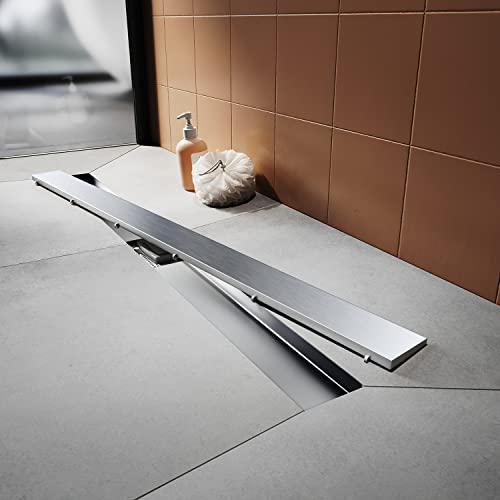 Canalina per doccia, 140 cm, in acciaio inox, 2 possibilità di montaggio, con sifone extra piatto e filtro per capelli, canalina per doccia, piastrellabile, set completo