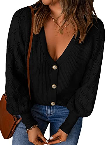 Dokotoo Strickjacke Damen V-Ausschnitt Cardigan Casual Einfarbig Kurz Strickmantel Pullover Herbst Winter Strickpullover Jacke mit Knopf, schwarz, M