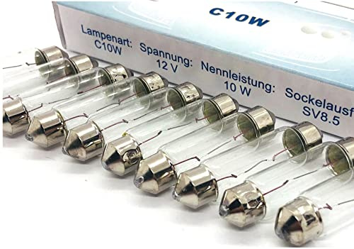 Maxxoni 10x Stück C10W 12V KFZ Auto Beleuchtung Glühlampe Autolampen Glassockel Long Life (10x C10W)