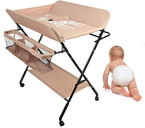Drumm Table à Langer Pliable,Table à Langer et Portable,Table à Langer Mobile Avec 4 roues et harnais,Réglable en Hauteur avec Panier de Rangement,Rose pâle-80 * 66 * 98cm