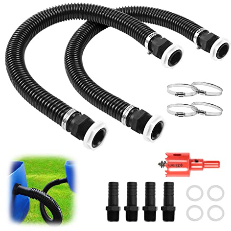 MaxEarn 2-Set 1 Zoll (25mm) Regentonnen Verbindungsset, mit 2x 50cm Verbindungsschlauch, 4xSchlauchstutzen, 4xSchlauchschellen, Kontermutter＆Lochöffner, Regentonnen Verbinder für Regenwasser Tonnen