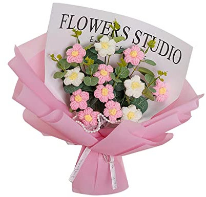 Harilla Gehäkelter Blumenstrauß, gehäkelter Blumenstrauß, Tischdekoration, handgefertigter gestrickter Blumenstrauß, gewebter Blumenstrauß für Bar, Hochzeit, ROSA