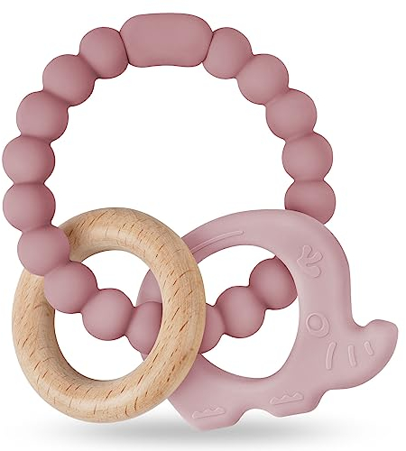 Vicloon Beißring für Babys, Elefant Beißring Spielzeug aus Silikon und Holzringe, Baby Zahnungshilfe BPA-frei, Schmerzlindernde Zahnen Nursing Zubehör für ab 3 Monaten Babys (Dunkelpink)
