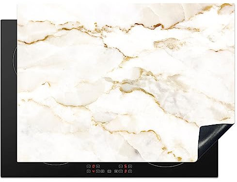 KitchenYeah© Cubre Vitrocerámica - Protector Vitroceramica Induccion 70x52 cm - Tapa Vitroceramica - Protector de Vitroceramica Mármol - Piedra caliza - Oro - Lujo - Aspecto mármol - Blanco