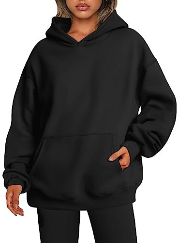 ABYOVRT Sudadera para Mujeres Oversize con Capucha Holgada con de Forro Polar básico Liso Talla Grande Hoodie Suave y Confortable Suelto Manga Larga Suéter Cálido Pullover Otoño Invierno,Negro,S