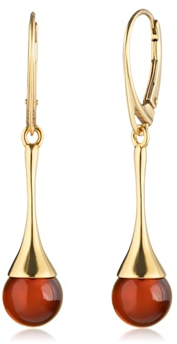 Amber by Mazukna - Ohrringe für Frauen, vergoldetes AG925 Sterling Silber, natürliche Bernstein Kugel Perlen, handgefertigte Edelstein Hängeohrringe, Bernstein Schmuck zertifizierter