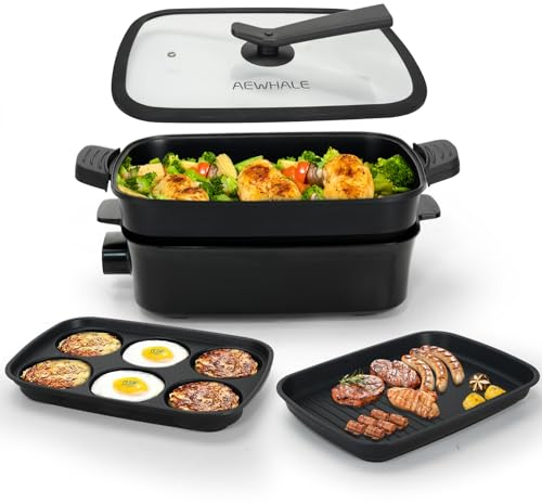 AEWHALE 3-in-1 Multifunktionspfanne Elektrischer Grill,Elektropfanne mit Deckel 1500W Antihaftbeschichtung, Abnehmbare Oberfläche&Cool-Touch-Griffe Pancake Elektrisch Partypfanne