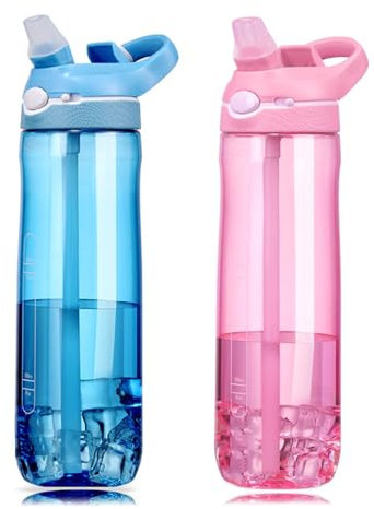 DEARART 2-Pack 24oz Light Blue & Pink Water Bottles With Straw, Leakproof BPA FREE Hidden Nozzle, Flip Up Lid Has Handle Wide Bottle Easy Clear, Suit Office Yoga Outdoor Sports Travel Gym.