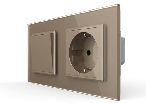 LIVOLO Steckdose mit Wipp Lichtschalter meschanischer Wechselschalter Unterputz Einbau Schuko Stecker zweifach Rahmen Glas Kombination Kippschalter Wechsellichtschalter Gold VL-C7-K1S-C1EU-13
