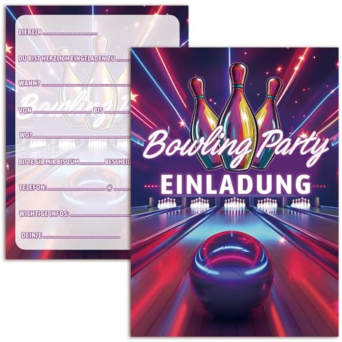 12x Einladungskarten Kindergeburtstag Jungen Mädchen Bowling, Geburtstag Bowling Party, Doppelseitig Neon Blau Lila Rosa, Deutsch Einladungskarten für Bunten Karten Einladungen zum Kindergeburtstag