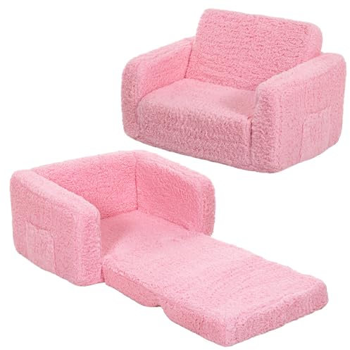 2 in 1 Kindersofa Ausklappbar, Kindersessel ab 1 Jahr für Kinderzimmer, Leichtes Kindercouch mit Abnehmbarem Cover, Mini Kinder Sofa für Spielzimmer, Geschenk für Mädchen und Jungen, Rosa