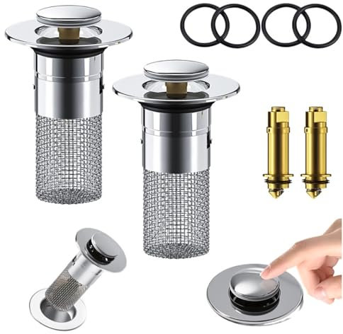 Xinlie 2 Stück Bodenablauf Filter aus Edelstahl Abflussstopfen mit Sieb Waschbecken für 34-40mm Abfluss Ablauf Pop-Up Ablaufventil Raffiniertes Kupfer Bounce Core,Bad Waschbecken-Haarsieb