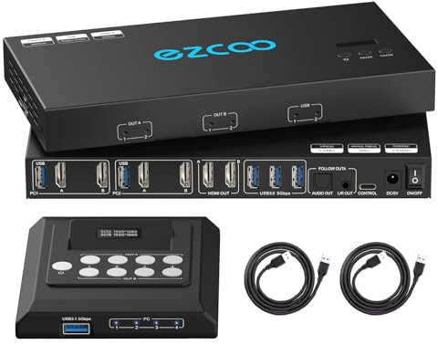 4K@60Hz HDMI KVM Switch Dual Monitor USB 3.0 2 Monitore 2 Computer EDID Emulatoren für 2 PCs teilen 2 Displays und 4 USB 3.0-Ports SPDIF L/R Audio Kopier Erweiterungsmodus, 2 USB-Kabel und Controller.