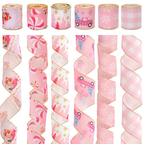 KINGLAKE Pink Christmas Ribbon - 30 Yards, 2.5 Inch Wide Burlap Tartan Hessian for Wreath Bows, Gift Wrapping, Xmas Tree Decorations
